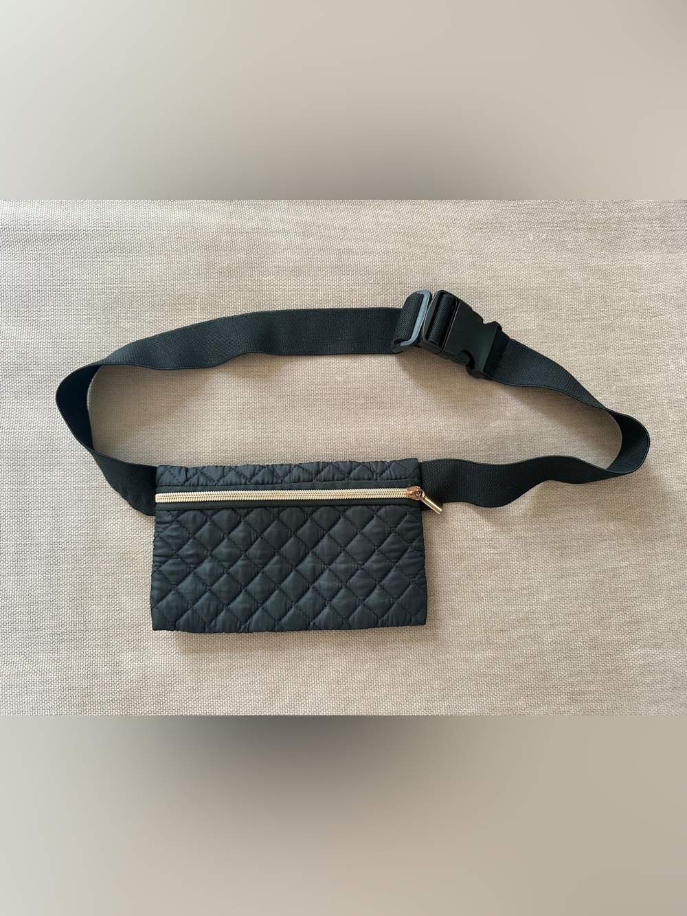 Quilted Black Nylon Belt Bag with Gold Zipper